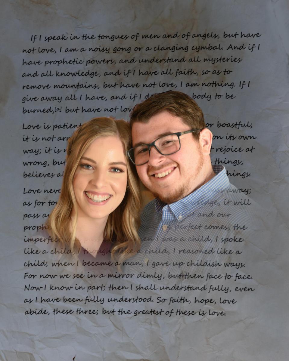 couple engagement portrait over text