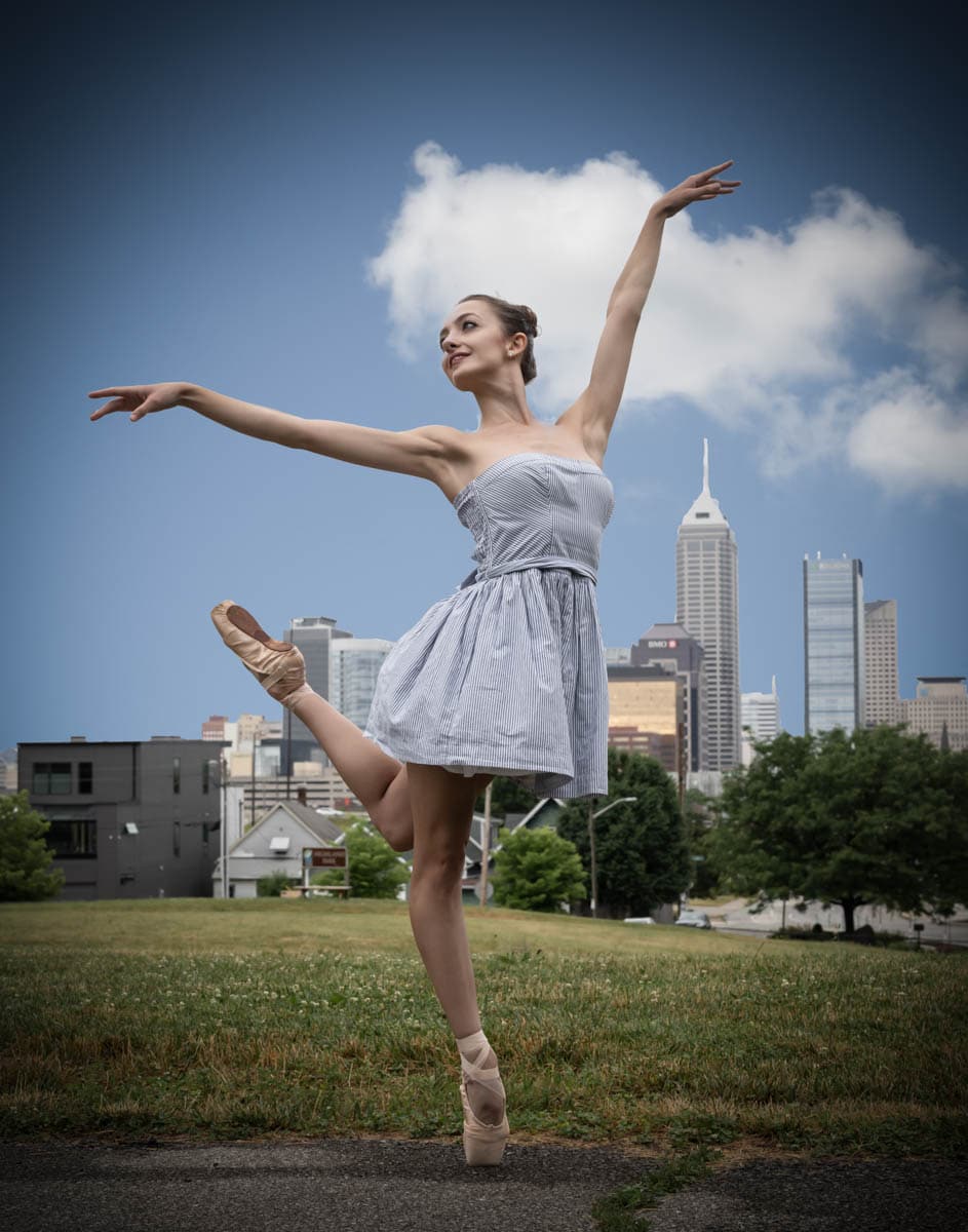 dance leap woman skyline