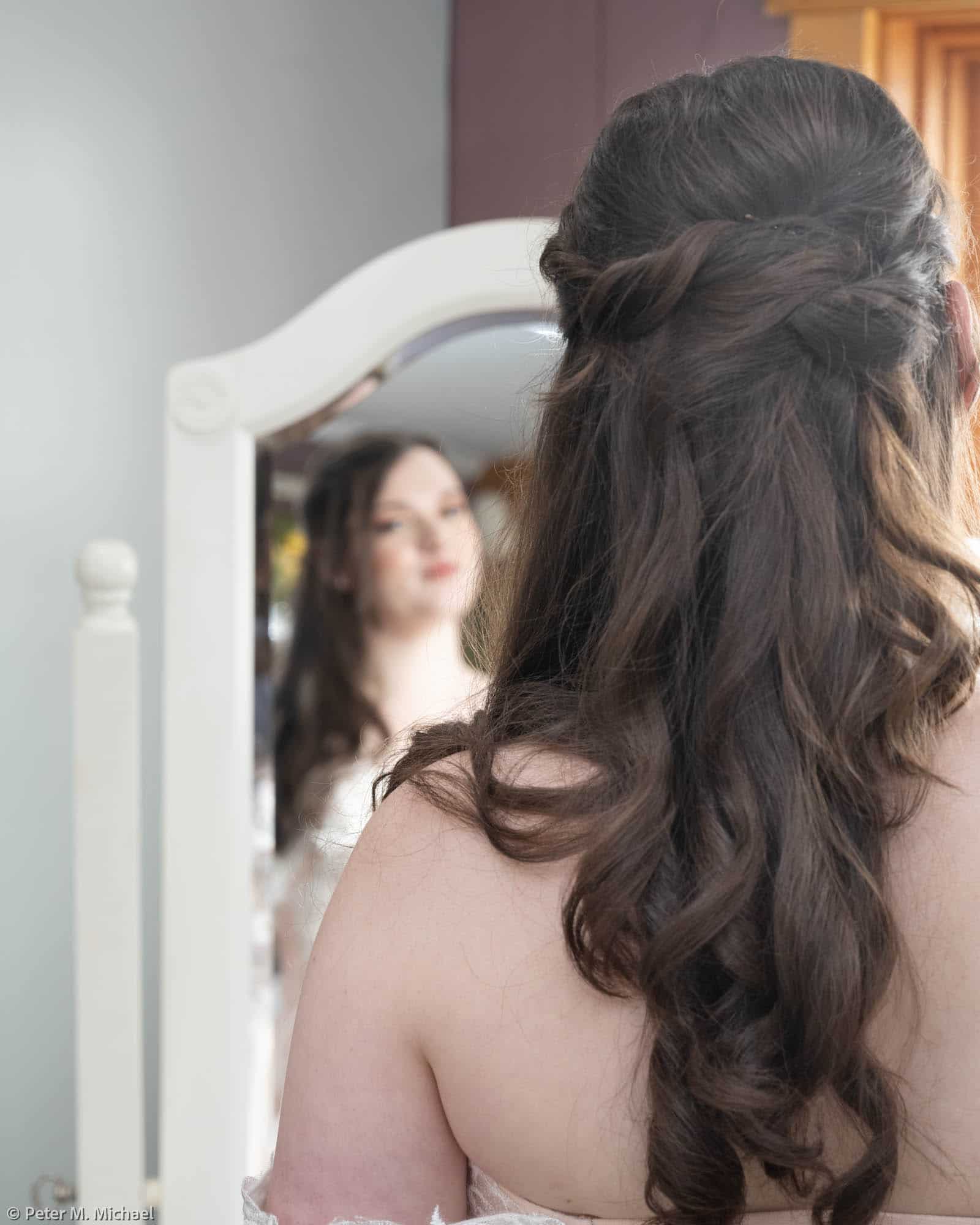 bridal hairdo close-up mirror
